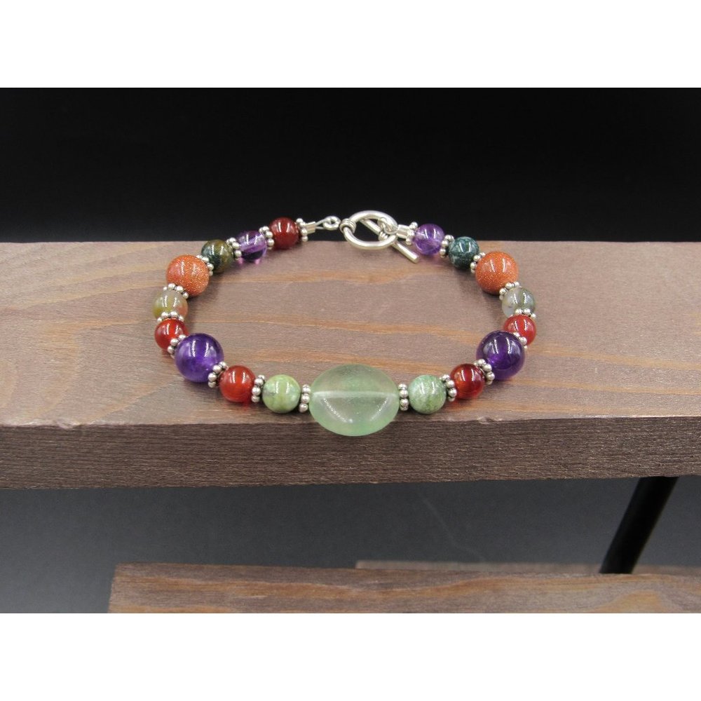 7" Sterling Silver Various Stones And Amethyst Bracelet Vintage Elegant